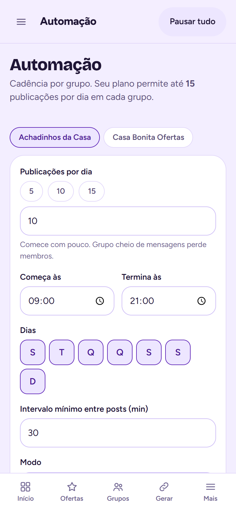 Tela Horários: ritmos prontos, janela do dia, dias da semana e a simulação de como as ofertas se espalham.