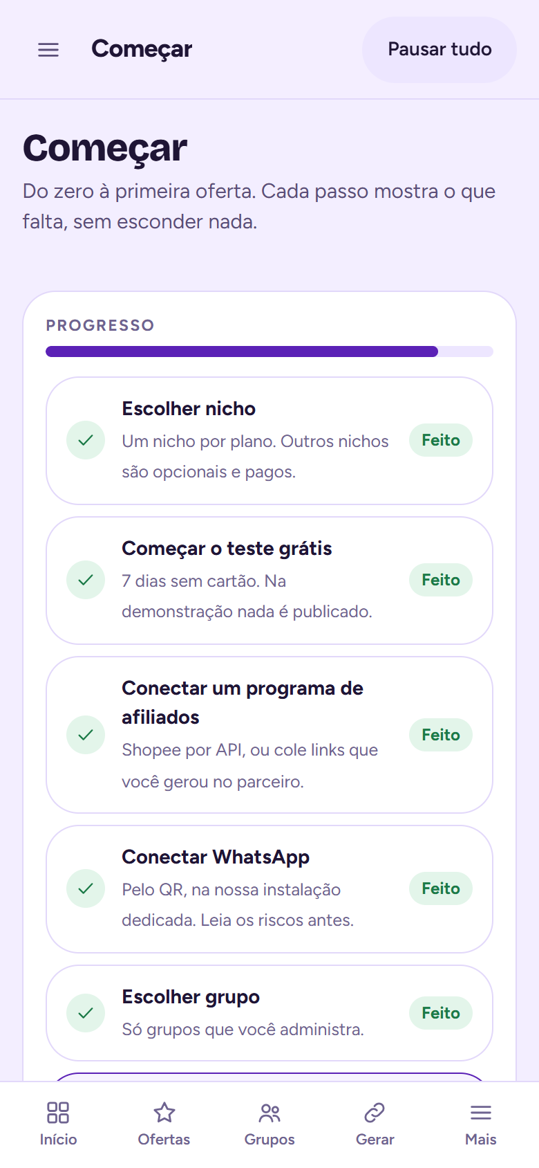 Tela Começar com o checklist de passos para o primeiro grupo.