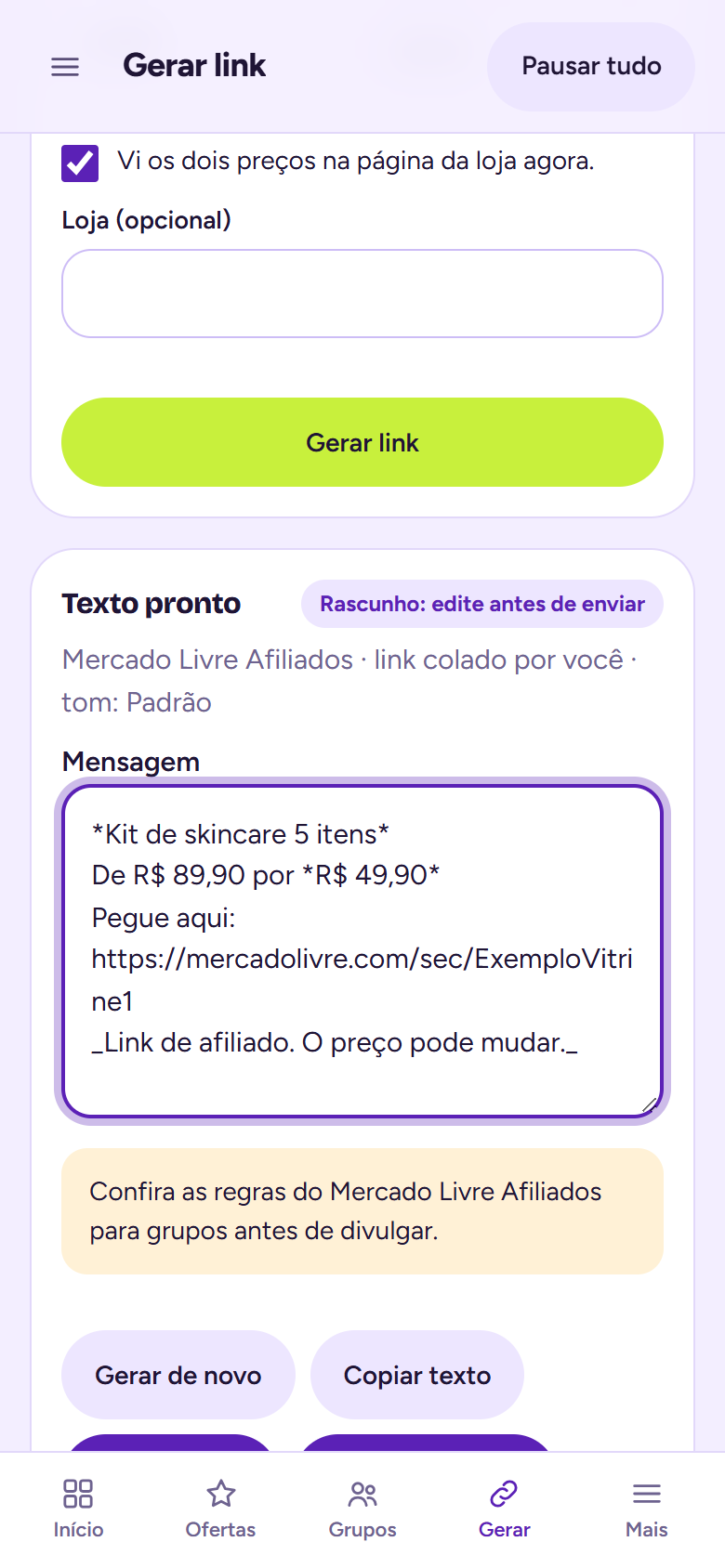 Tela Gerar link do app: o link do produto colado e, abaixo, o texto pronto editável com nome, preço e aviso de afiliado.