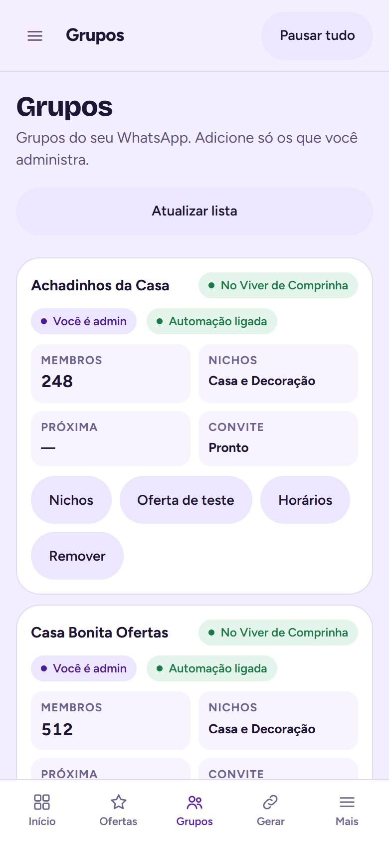 Tela Grupos: lista de grupos do WhatsApp com membros e a próxima publicação de cada um.