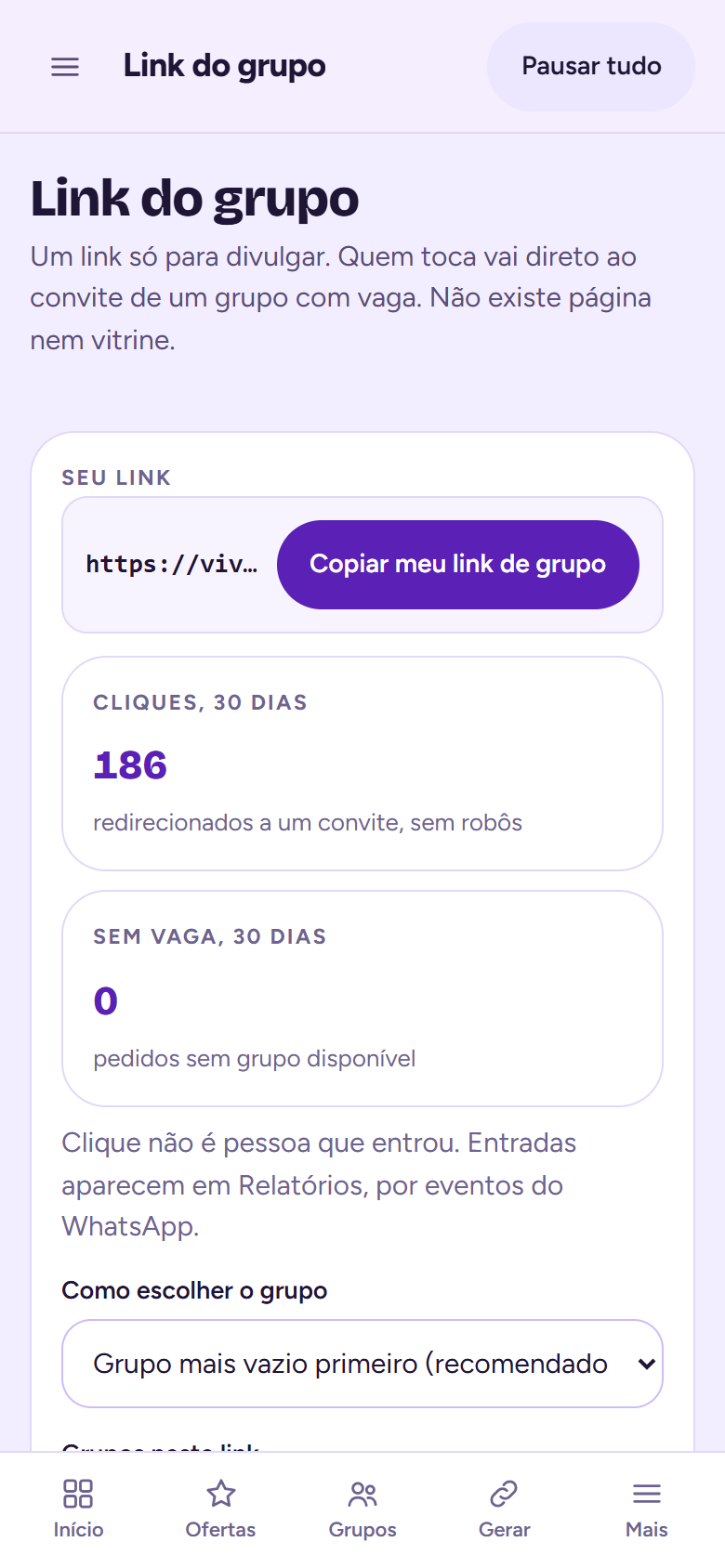 Tela Link do grupo: o link único do grupo, os cliques e textos prontos para divulgar o convite.