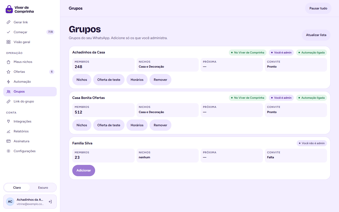 Tela Grupos no computador: grupos do WhatsApp com membros e próxima publicação.