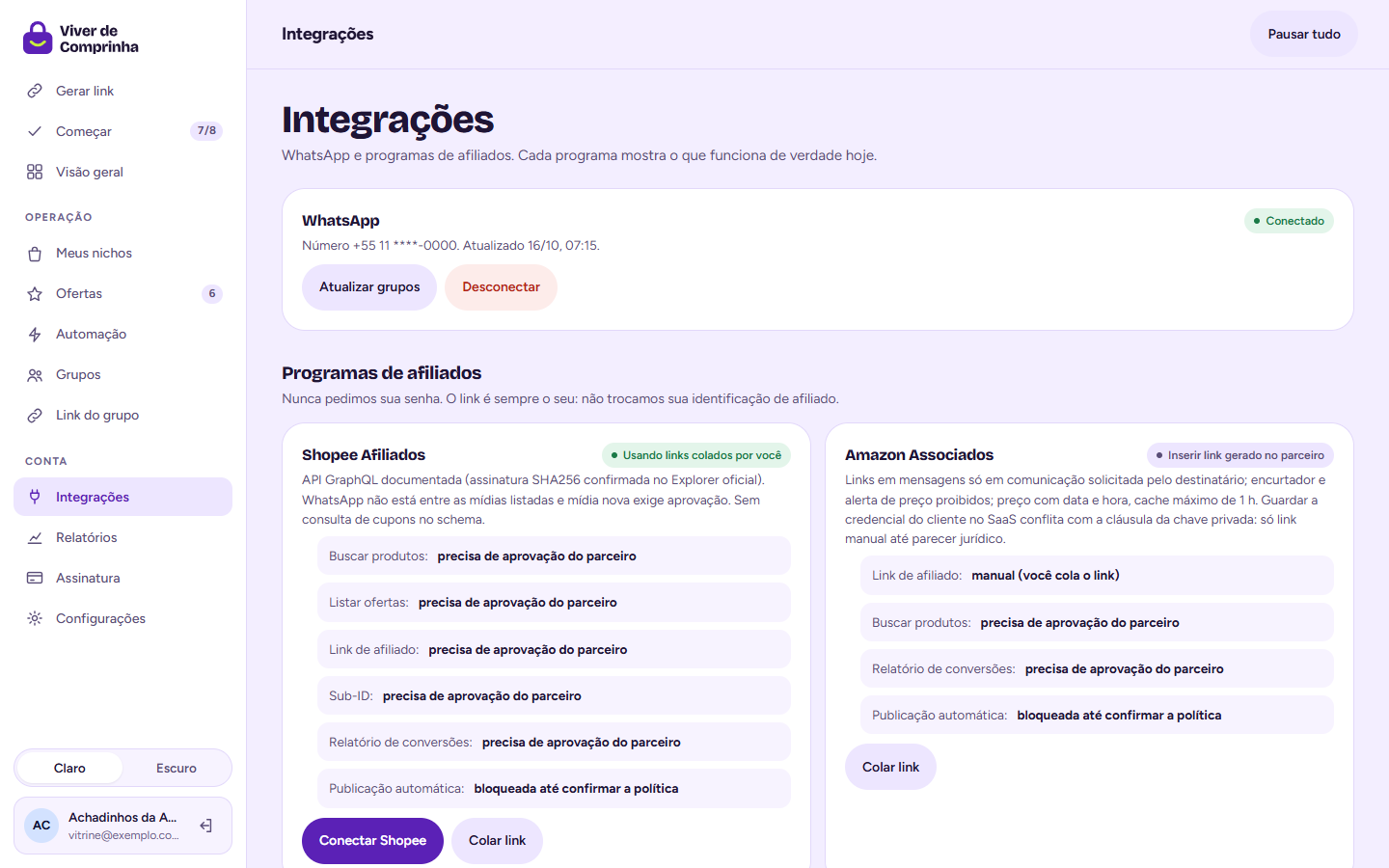 Integrações no computador: cada loja com o status atual da conexão.