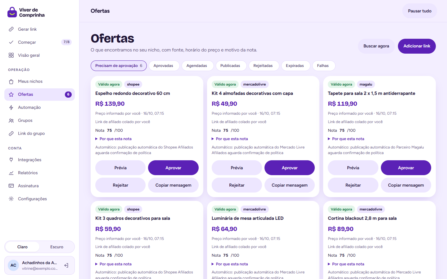 Caixa de ofertas no computador: lista de ofertas do nicho com nota e motivo.